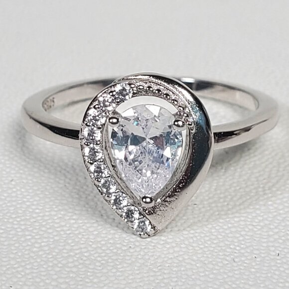 Sterling Silver Pear-Shaped Halo Ring (Size 6.75 - 7) - Picture 1 of 12